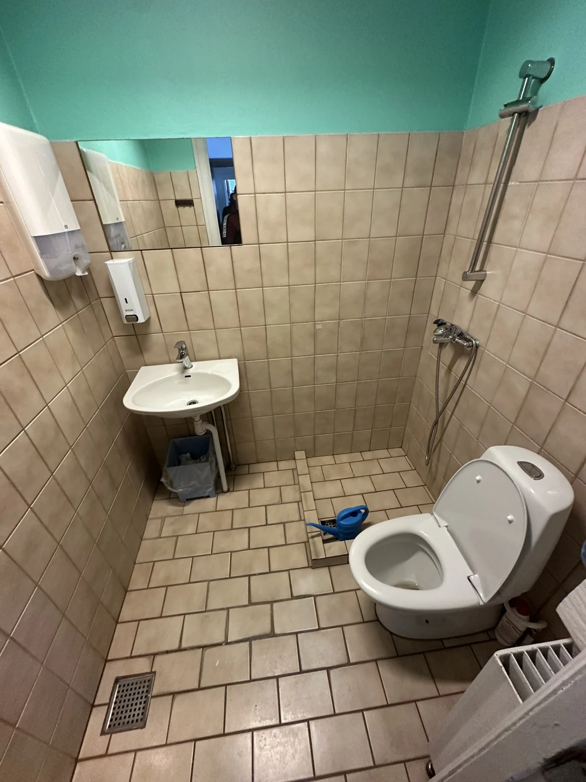 Det samme badeværelse før arbejdet med grøn væg, ældre fliser, håndvask og gulvstående toilet
